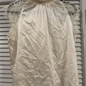 Generation Love sz XS Cream Satin Blouse with lace cap sleeves - ties at neck